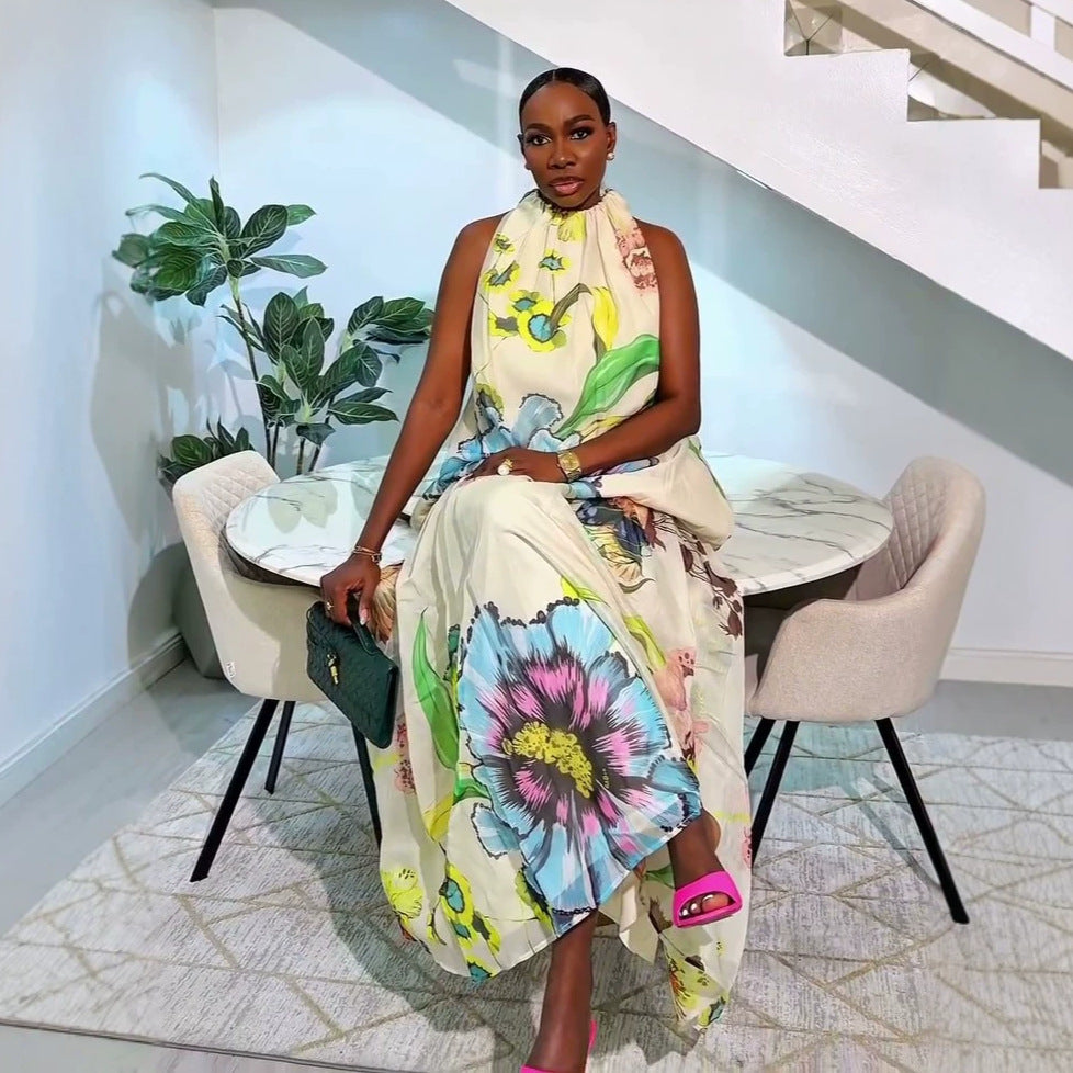 african women's clothing:  summer new arrival - stylish and elegant halter neck printed sleeveless long dress with unique design