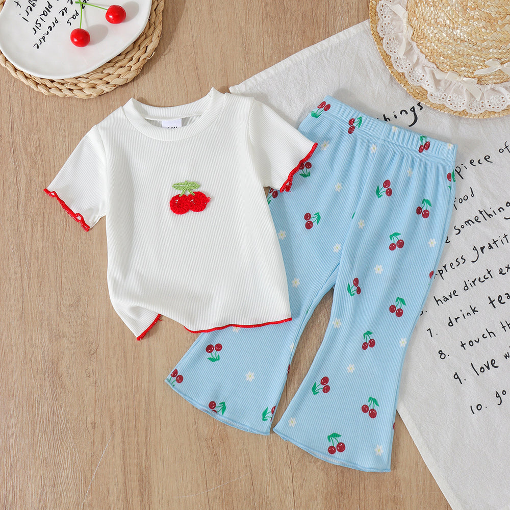 Kids clothing  cross-border new arrivalfashion spring & fallgirlwhite short-sleeved t-shirt + blue pants