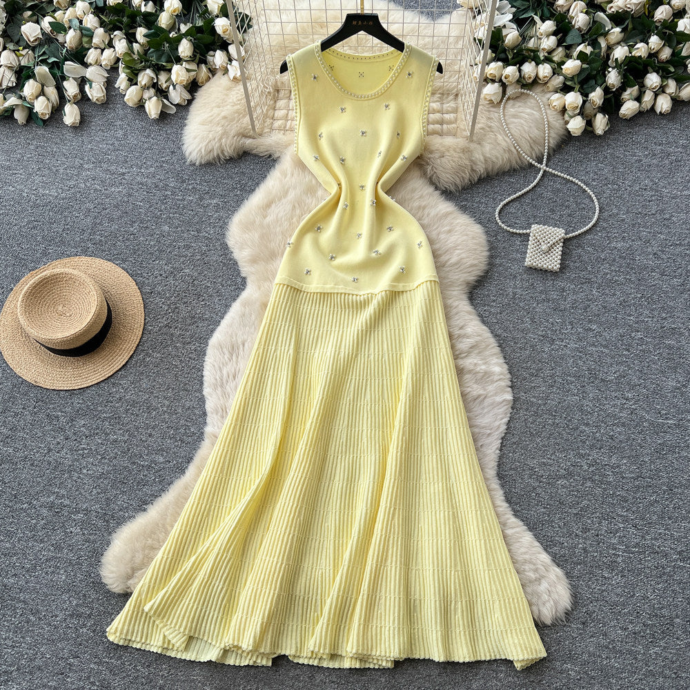 French chic sleeveless beaded knit dress - women's summer high-waisted a-line dress - slimming, elegant, and versatile workwear maxi dress