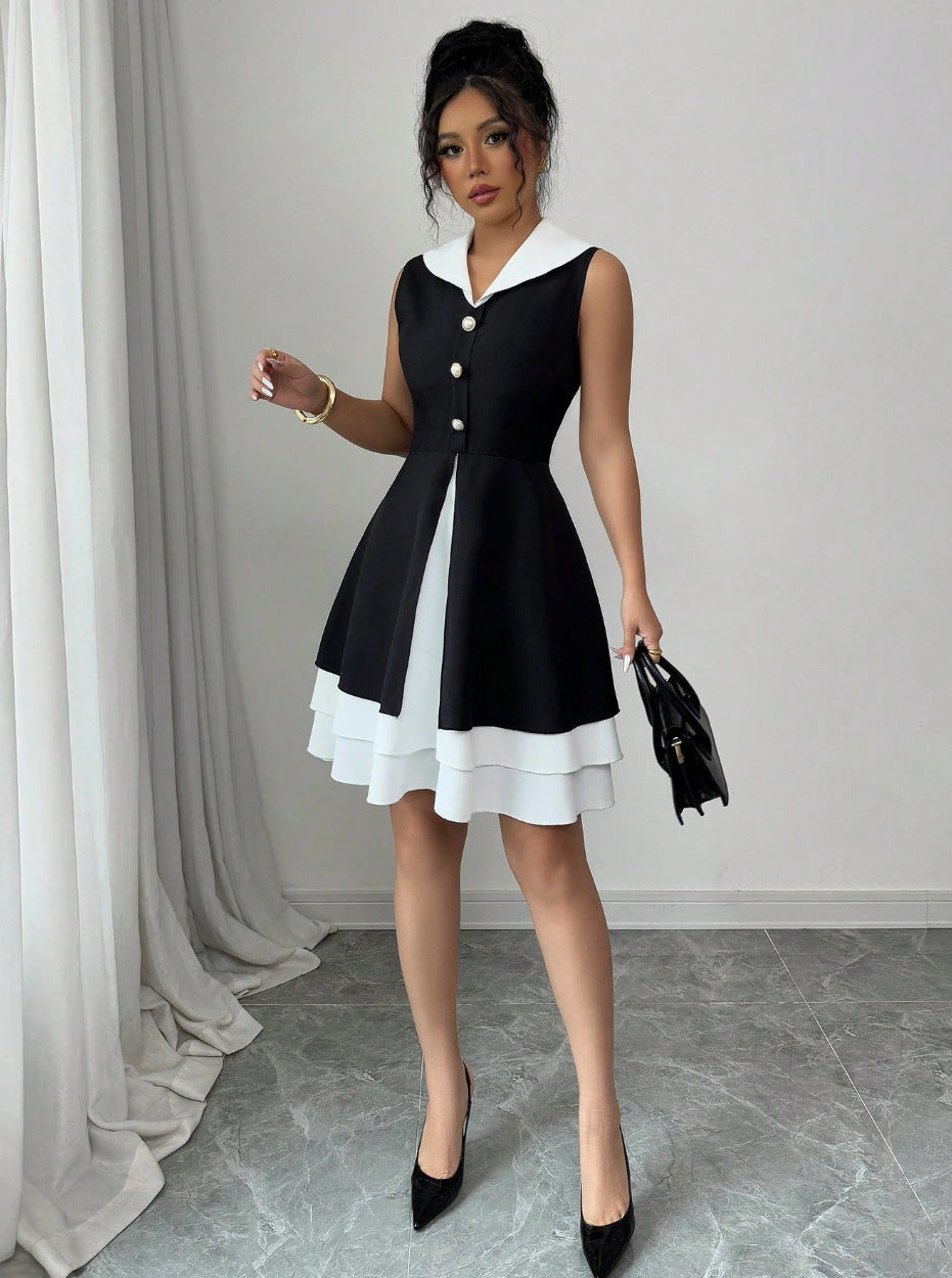 Sleeveless tweed style silmdress women's  summer waist slimming lookelegant hem contrast color vest short skirt
