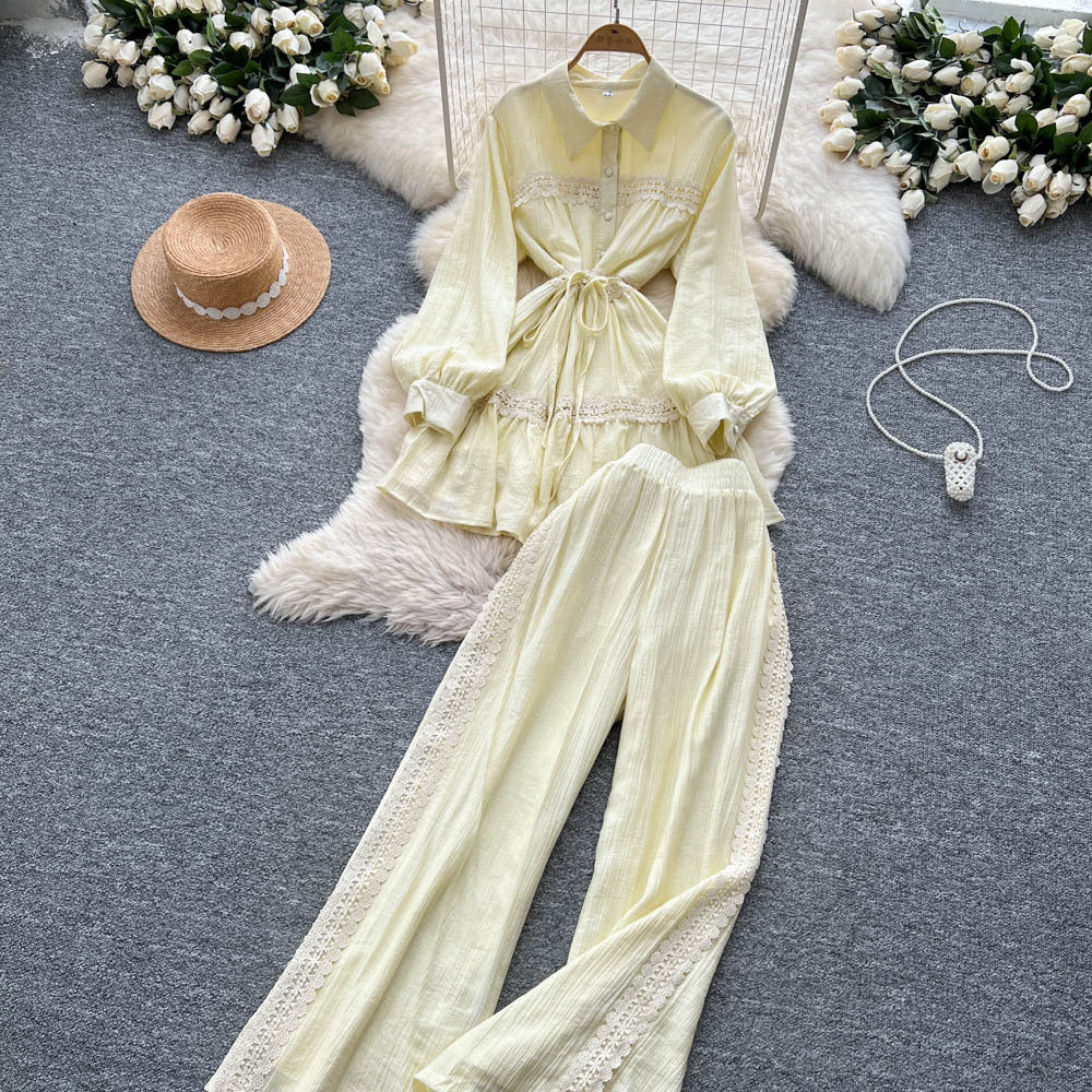 Frenchretro young ladysuit women's summer lantern sleeve shirt + elastic waist slimming look wide leg drapedpants