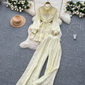 Frenchretro young ladysuit women's summer lantern sleeve shirt + elastic waist slimming look wide leg drapedpants