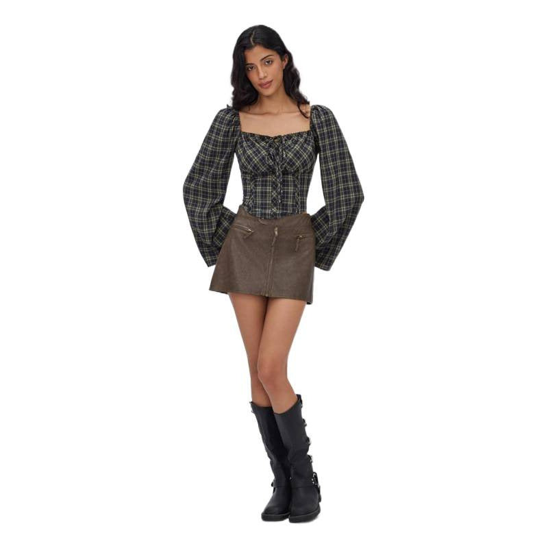 European and american retro plaid long sleeve square neck tie-front fashionable cropped shirt -  spring new arrival - elegant top