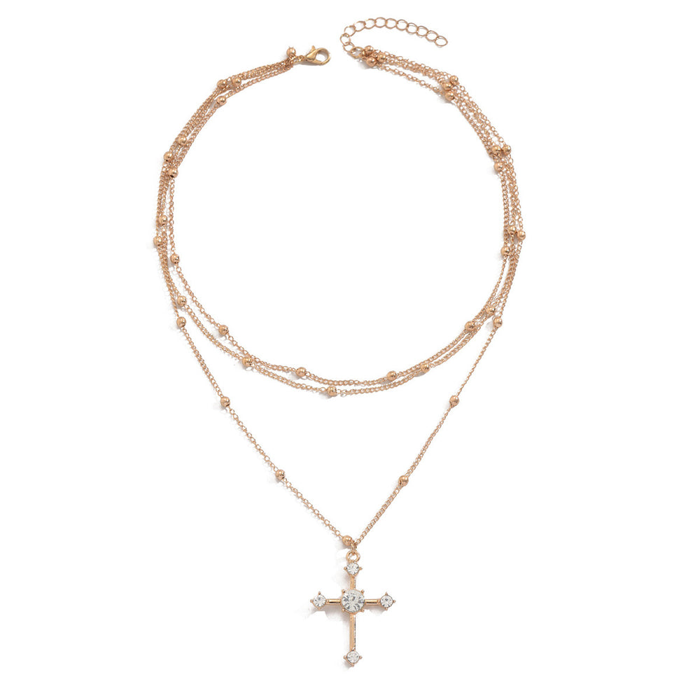 Wholesale diamond-encrusted choker necklace, european and american style cross-border sweater chain, alloy necklace for women, multi-layered wearing, cross pendant necklace
