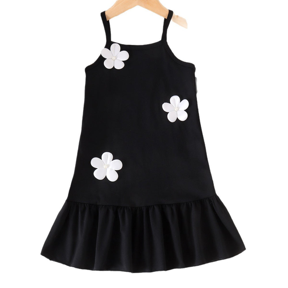 Girl's a-line sundress with 3d floral appliqués - black and white color block, perfect for a fresh summer look