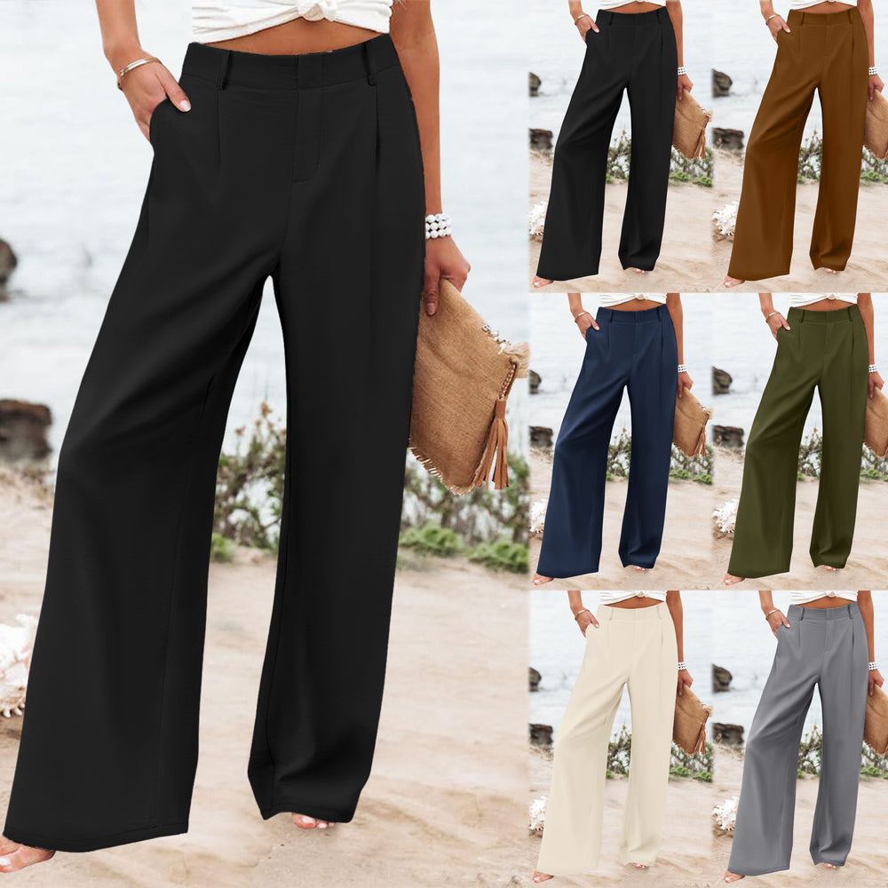 new women's summer fashion loose solid color high waist casual straight leg trousers for cross-border