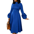 New plus size elegant midi a-line dress - mock neck, long sleeves, 3d floral sleeves, chic dress