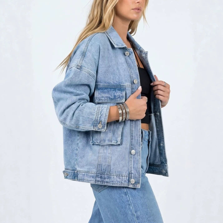 Amazon tiktok pinduoduo foreign trade cross-border fashion y2k style women's loose light washed denim jacket