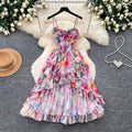 Vacation-inspired tie-dye print cami dress - sexy, high-low, ruffled hem, dopamine dress