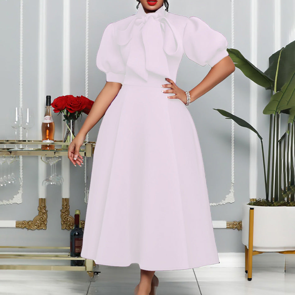 C8481 european and american style women's clothing  new arrival: elegant tie-up bow midi dress - african export