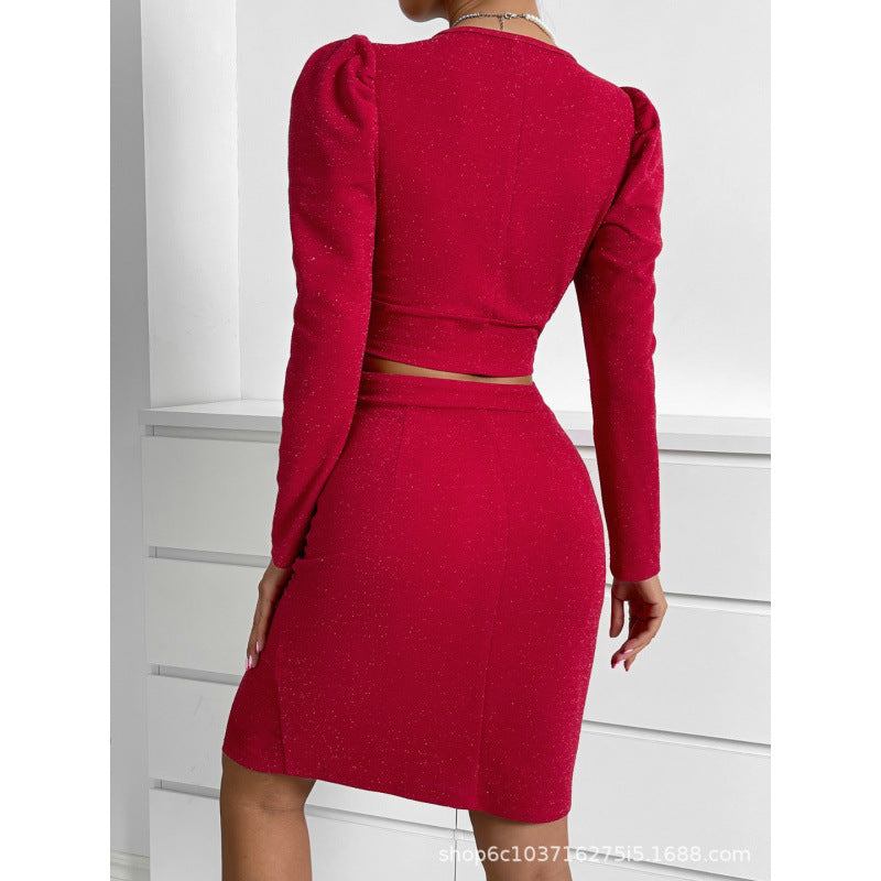 Women's  autumn new arrival: v-neck, figure-flattering, slit-back, solid color, long-sleeve two-piece set