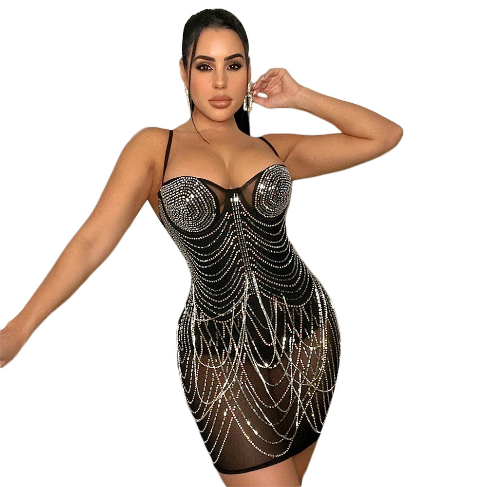 S390353 Cross-border  eBay Women's Elegant Sexy Halter Suspender Hot Diamond Dress Women's Chest Pad