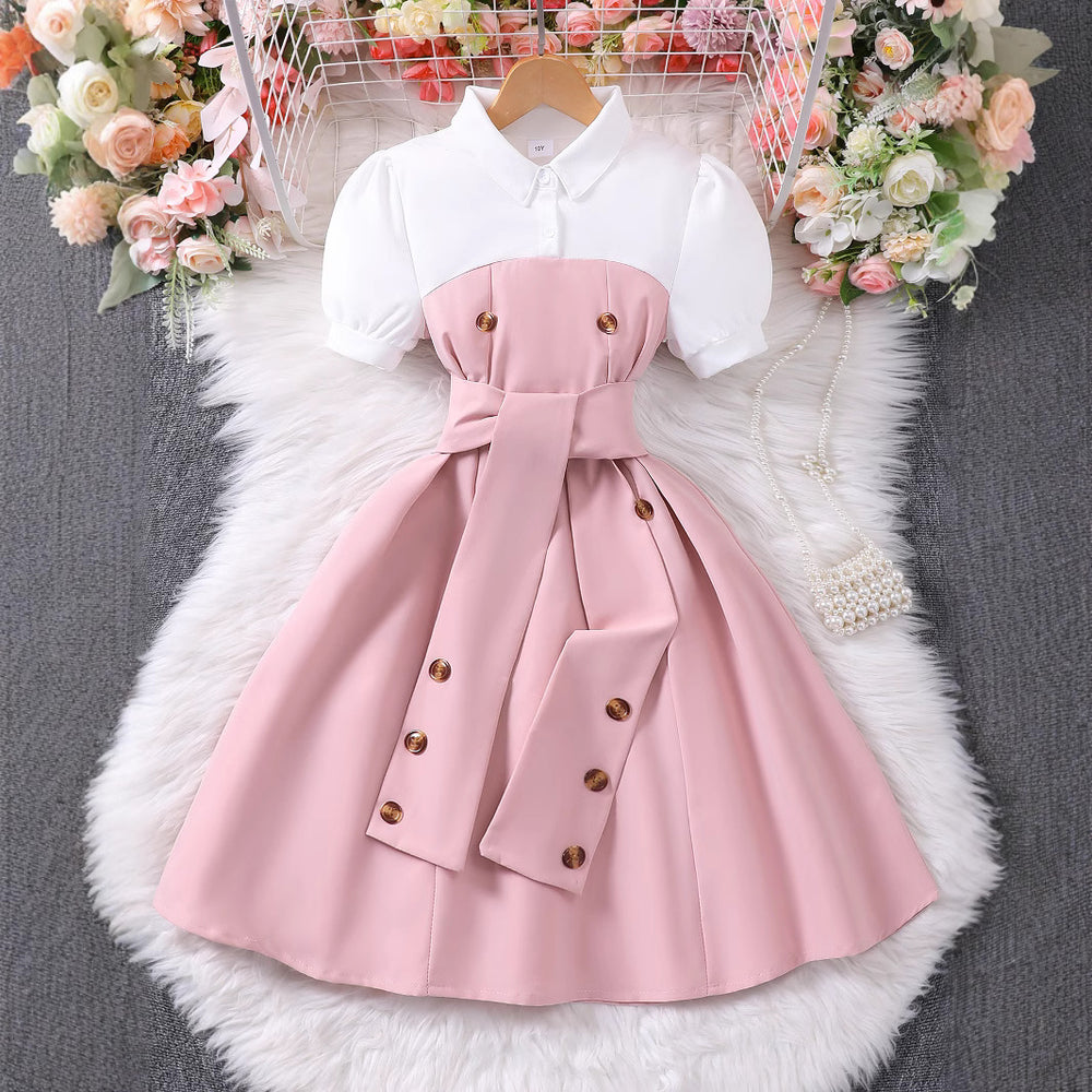Children's short-sleeved lapel button patchworkcontrast colordress