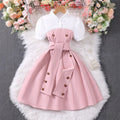 Children's short-sleeved lapel button patchworkcontrast colordress