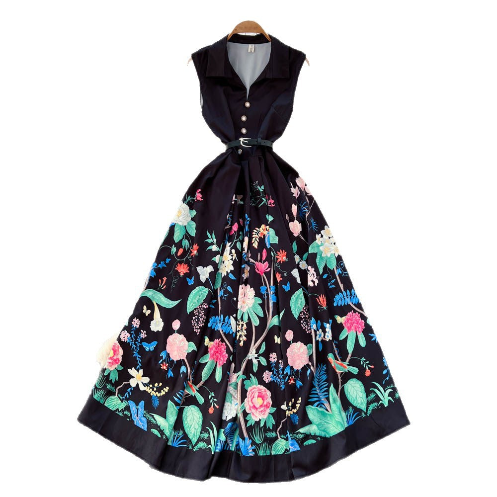 Korean style chic & edgy sleeveless a-line dress - women's new summer high-waisted tie-waist maxi dress - slimming