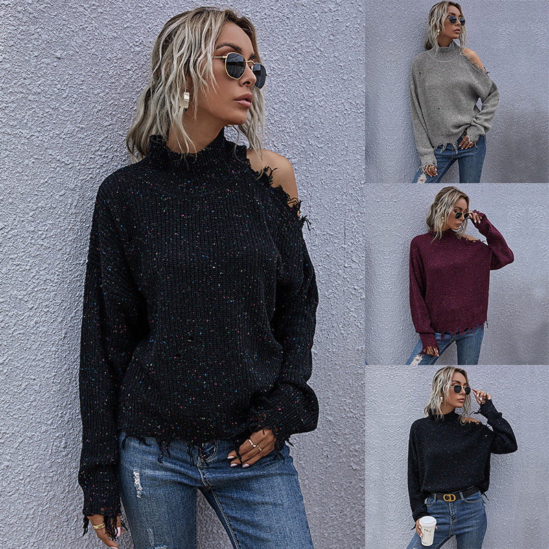 Europe, America, loose off-the-shoulder holes, long-sleeved turtleneck autumn knitted sweater, women's autumn popular women's clothing