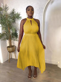 new sleeveless off-the-shoulder pleated asymmetrical halter neck slit pleated dress for cross-border fashion on  (us & europe)