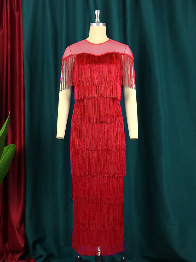 new mesh patchwork tassel crew neck dress high waist slim fit evening sexy bodycon dress