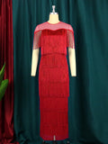 new mesh patchwork tassel crew neck dress high waist slim fit evening sexy bodycon dress