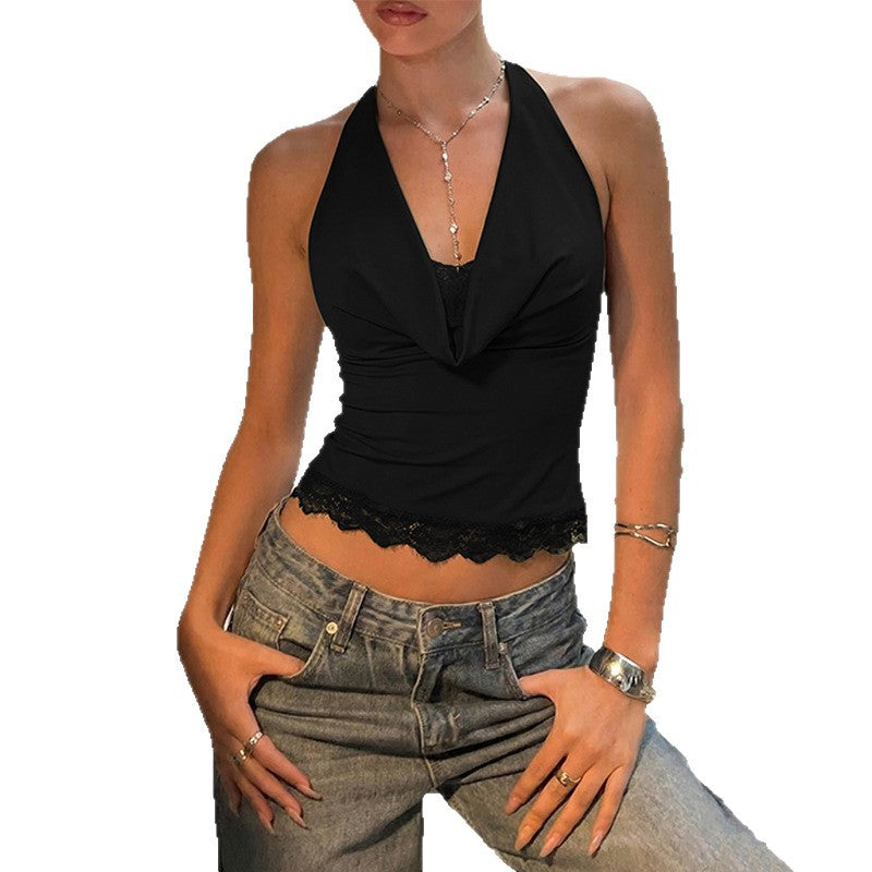 exportlacepatchwork swing neck halter vest women's sexy hot girl outwear silm tie back tops women