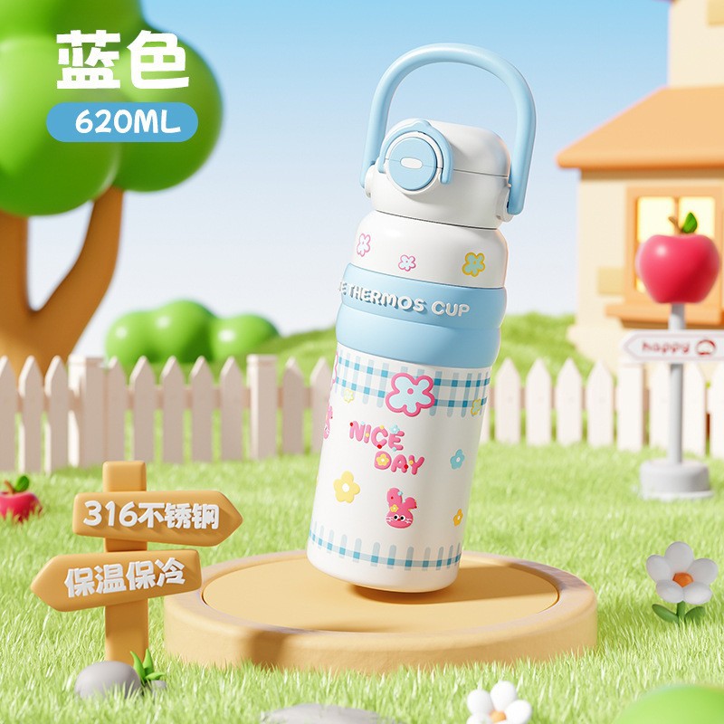 New arrival, good-looking cartoon handle thermos cup, double drink ton cup, straw carrying cup, lock, bounce lid, large capacity
