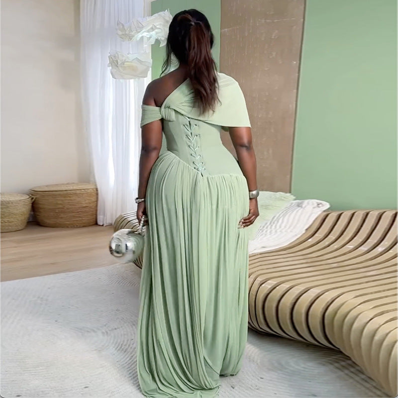 European and american cross-border women's fashion:  summer new arrival - elegant asymmetrical neck ruched tie-waist long short-sleeve dress
