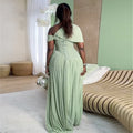 European and american cross-border women's fashion:  summer new arrival - elegant asymmetrical neck ruched tie-waist long short-sleeve dress