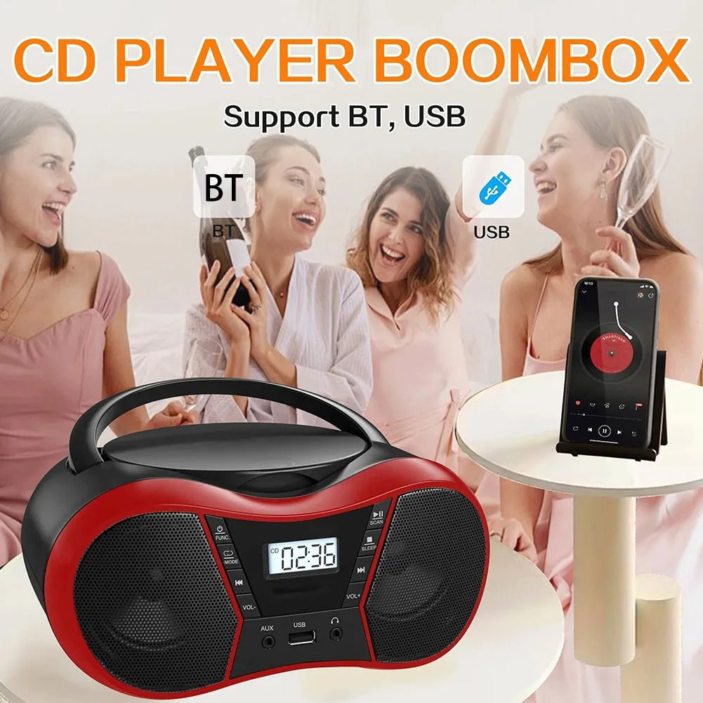 Portable Stereo CD Player Boombox with AM/FM Radio, Bluetooth, USB, A