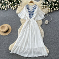 French chic embroidered v-neck dress - women's summer short sleeve, slim fit a-line maxi dress for vacation