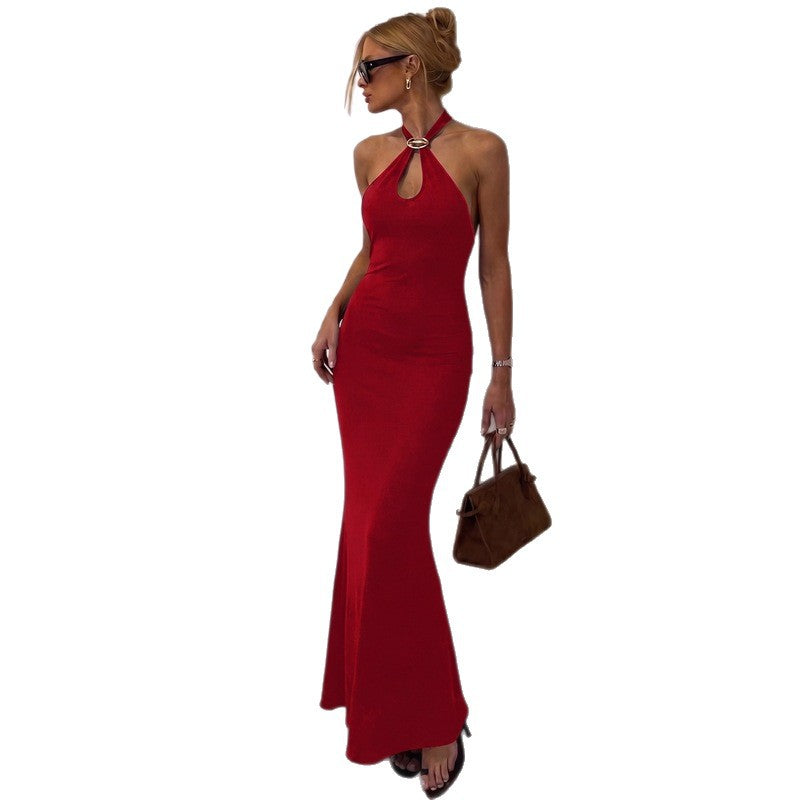 European and american cross-border women's fashion:  summer new arrival - stylish metal buckle halter neck tie-up bodycon backless dress