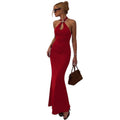 European and american cross-border women's fashion:  summer new arrival - stylish metal buckle halter neck tie-up bodycon backless dress
