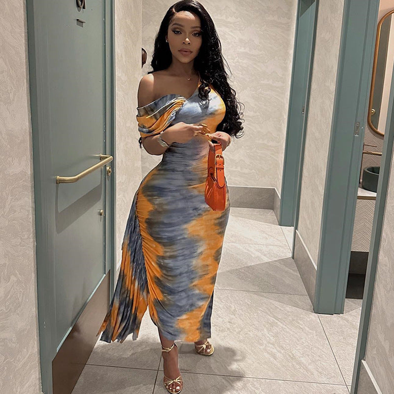 European and American style diagonal collar tight dress medium and long hip skirt printed pullover skirt female manufacturer hair Dress