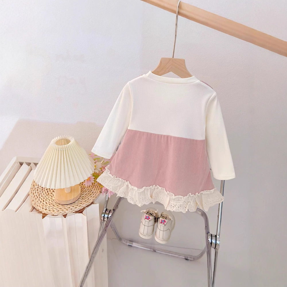 Baby girl autumn chic bowknot tank top faux two-piece dress,  new korean style lace trim dress for girls