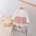 Baby girl autumn chic bowknot tank top faux two-piece dress,  new korean style lace trim dress for girls