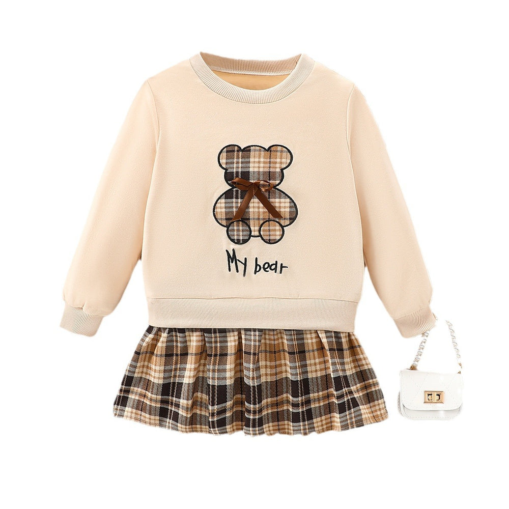 Autumn cross-border girls' sweatshirt - teddy bear, plaid, bow, crew neck, long sleeve top - kids' pullover