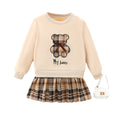 Autumn cross-border girls' sweatshirt - teddy bear, plaid, bow, crew neck, long sleeve top - kids' pullover