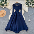 Miya european and american dress women's  autumn fashion beaded round neck long sleeve waist slimmingelegant pleated long skirt