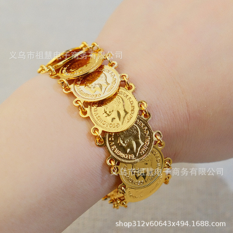 Middle eastern bohemian luxury coin bracelet with heart charm extension chain - bridal wedding birthday gift