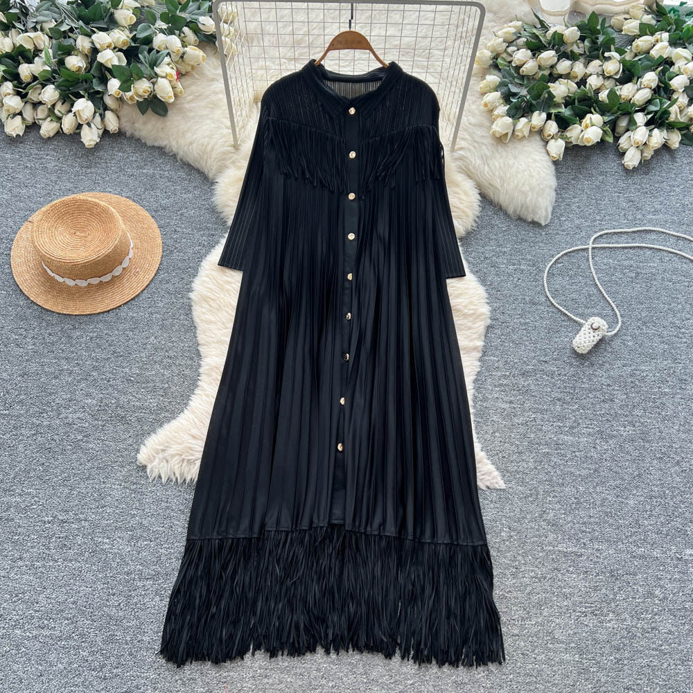 Elegant and chic tassel-trimmed loose-fit dress - women's commute-ready, high-end, slimming a-line long-sleeve shirt dress