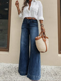 European and american style women's dark blue high-waisted wide-leg jeans - vintage washed, loose fit, flowy, floor-length flare pants