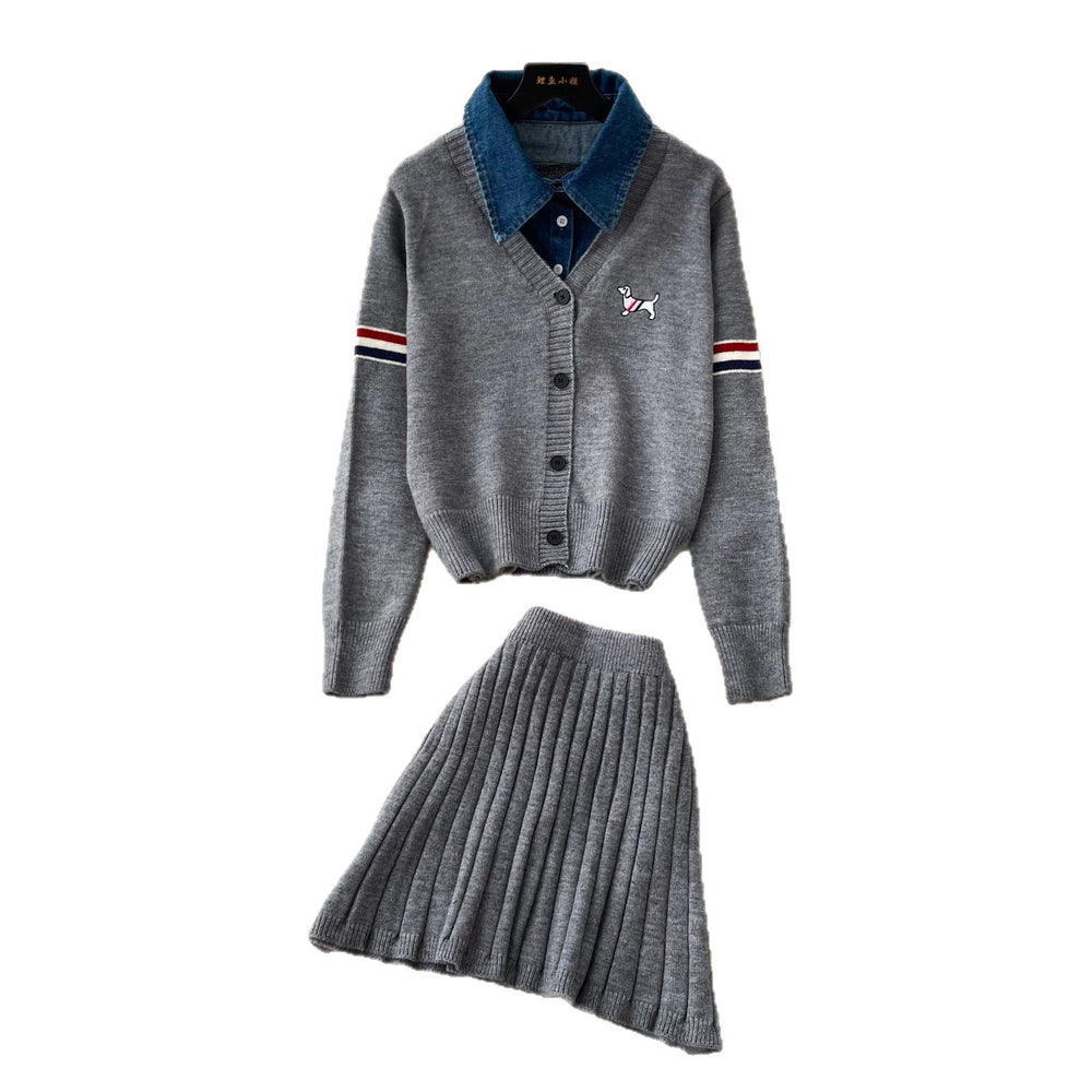 Preppy style embroider dog patchwork denim collar fake two-piece knittingcardiganpleated skirtautumslimming looksuit