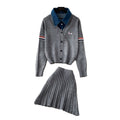 Preppy style embroider dog patchwork denim collar fake two-piece knittingcardiganpleated skirtautumslimming looksuit