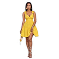European and american cross-border   summer new arrival: elegant v-neck, designer elastic waist, solid color slip dress
