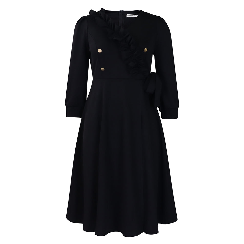 D483 european and american women's clothing  new fashion elegant solid color v-neck ruched high-waisted swing dress - export dress