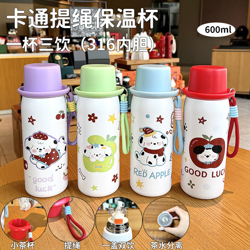 Cute cartoon high-value insulated tumbler, 316 stainless steel, women's outdoor school double-drink tea and water separation portable water bottle