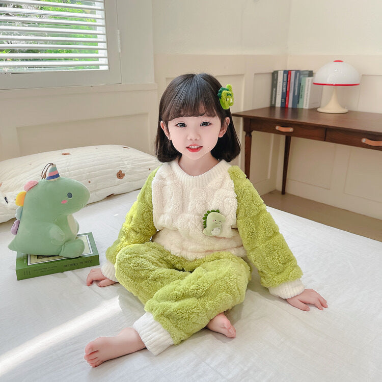【candy colors】girls' winter flannel pajama set - kids' cartoon fleece-lined warm loungewear for boys and girls
