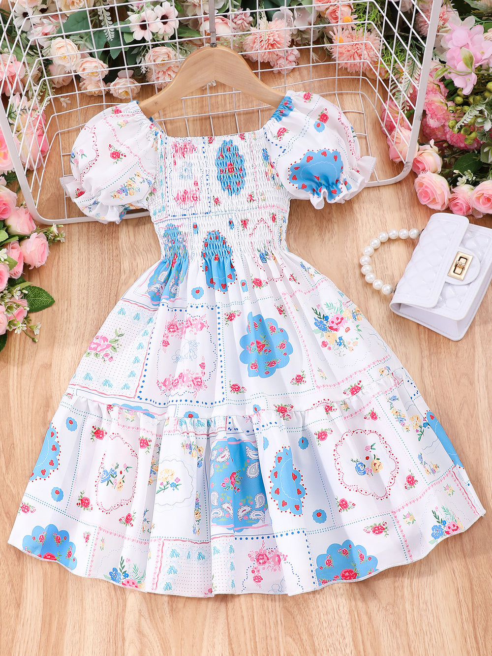 Kids' short-sleeve printed smocked dress - fresh & sweet country style