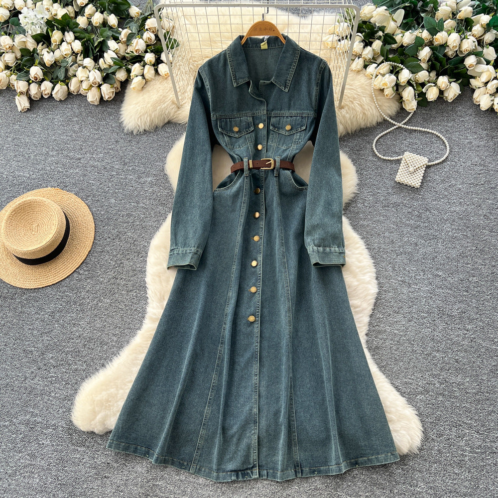 French retro chic, high-end denim dress with metal buckle collar, long sleeves, single-breasted button closure, and tie-waist detail