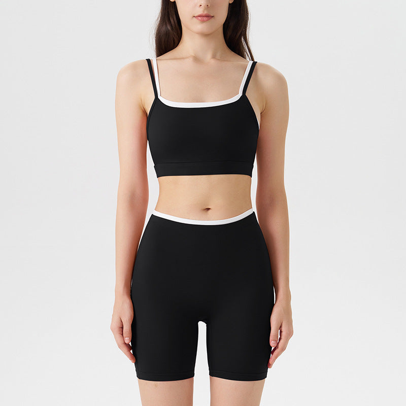 new arrivalfake two-piececontrast color white striped suspender running sports intimates bra three-quarter shorts yoga suit