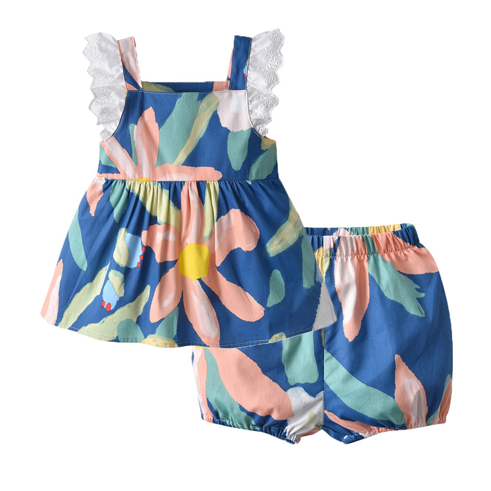 Korean style baby girl printed outfit set - new summer collection - trendy and chic short-sleeve set for toddlers
